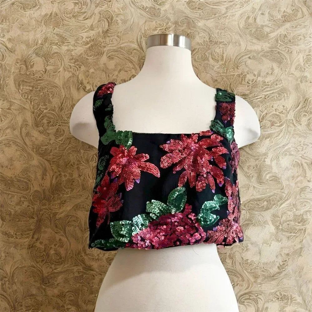 Show Me Your Mumu Black Cropped Crop Top Small Sequin Floral Square Neck